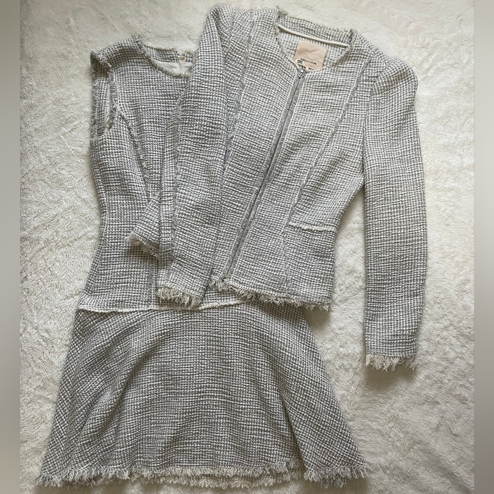 Rebecca Taylor Tweed Jacket & Dress Set Fringe Full Zip Gray Size 4
